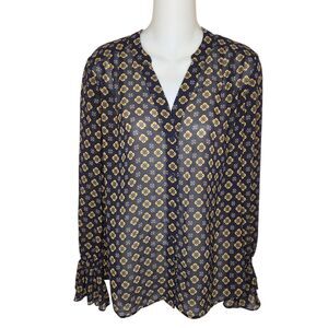 CAbi 3772 Womens Mosaic Blouse Blue Yellow Sheer Ruffle Cuff Size S